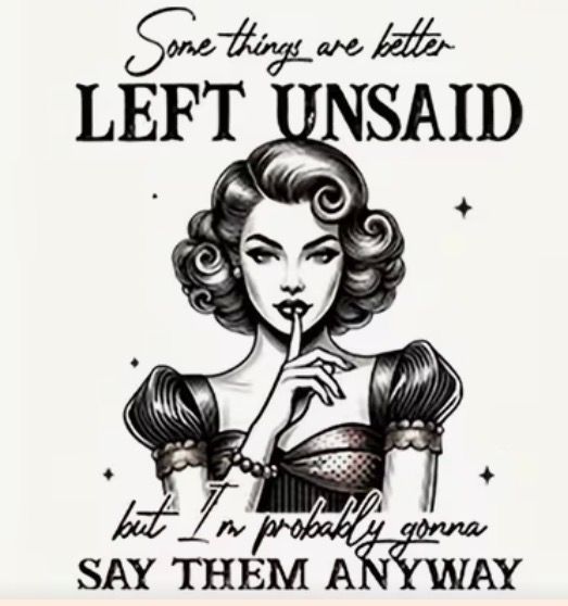 Vintage-style woman making a shh gesture with the text,