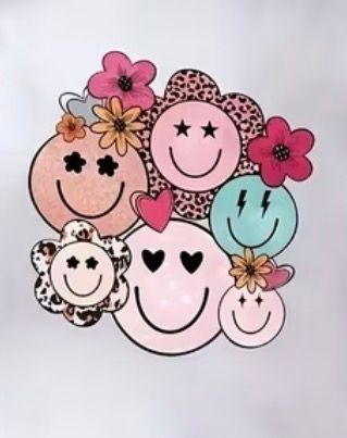 Cluster of colorful smiley face doodles with flowers, hearts, and leopard-print accents on a white background