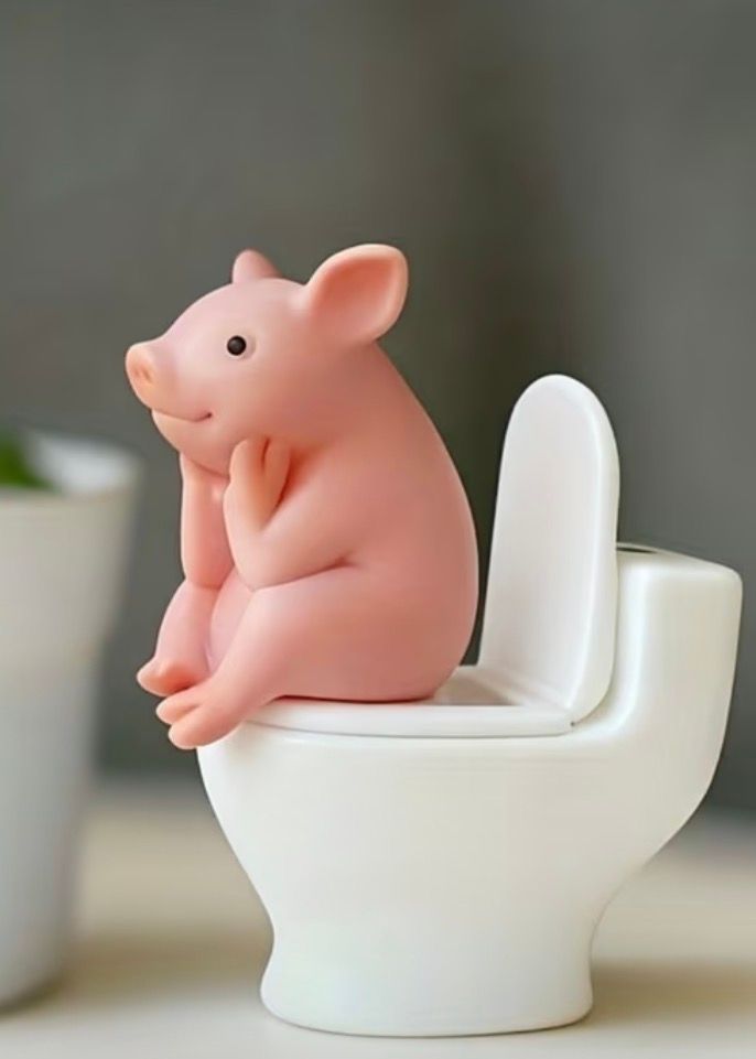 Pink toy mouse sitting on a white miniature toilet with a blurred plant in the background