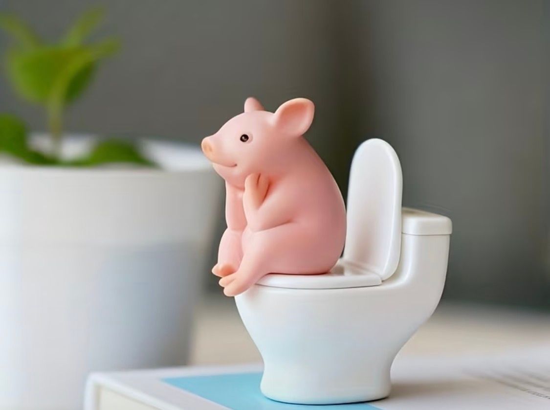 Pink toy mouse sitting on a white miniature toilet with a blurred plant in the background