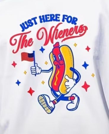 Graphic of a smiling cartoon hot dog giving a thumbs-up with “Just Here for the Wieners” text on a white shirt