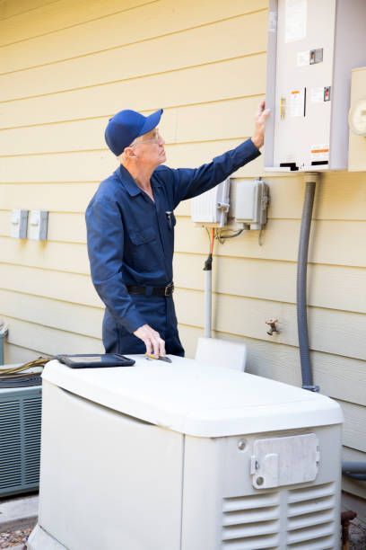 A man is working on an generator outside of a house.
