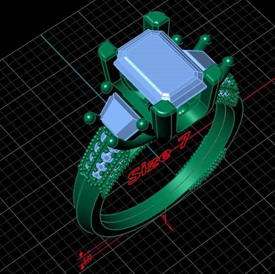 A 3d model of a ring with an emerald cut stone