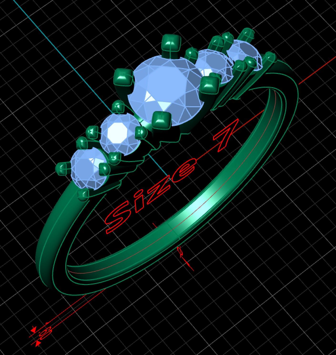 A 3d model of a ring with diamonds on a black background.