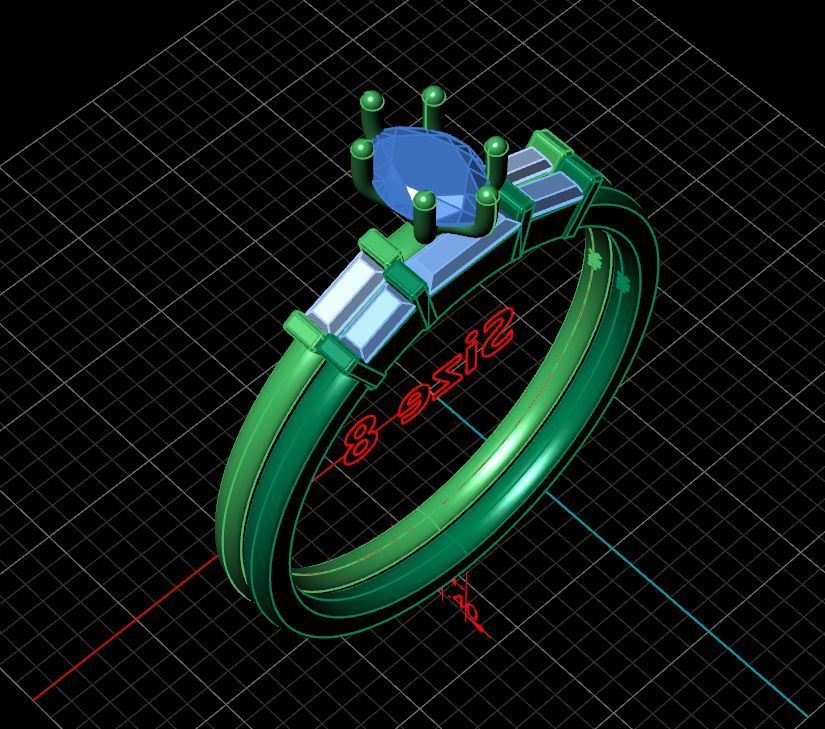 A 3d model of a ring with a blue stone in the center.