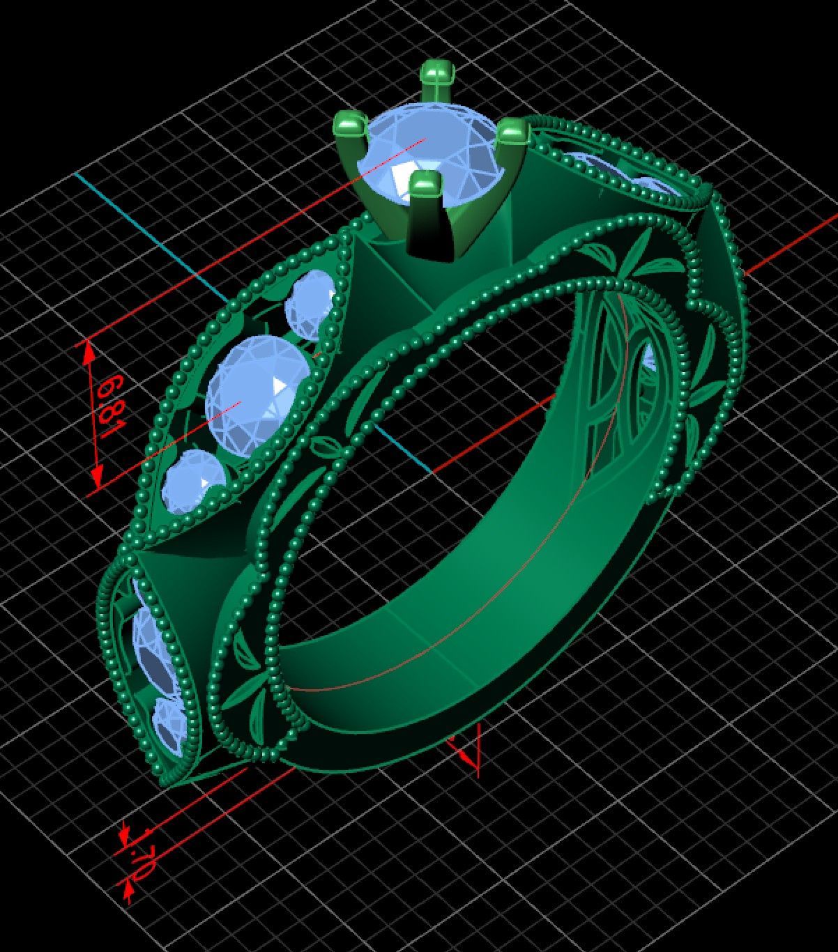 A 3d model of a ring with a diamond in the center.