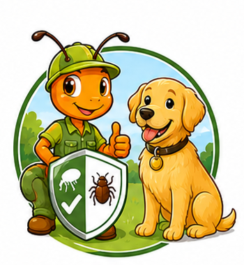 Cartoon bug mascot with a dog beside a shield showing a tick and checked pest icon.