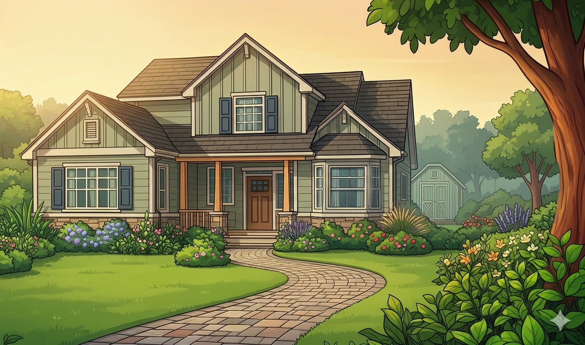 A two-story green suburban house with a stone walkway, landscaped garden, and large tree under a warm sunset sky.
