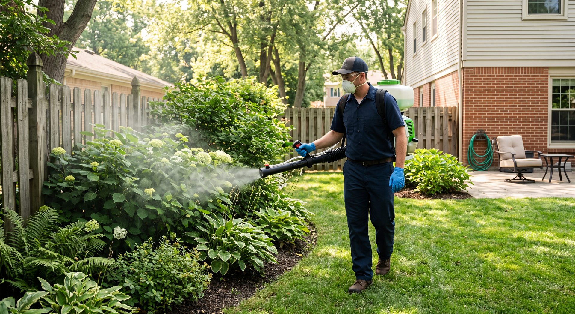 Person using a hose to spray bushes in a sunny backyard garden.