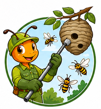 Cartoon beekeeper in green suit inspecting a hanging beehive with bees buzzing nearby.