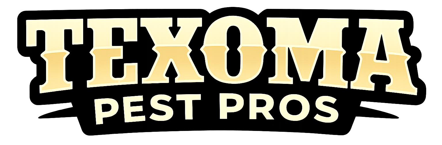 Texoma Pest Pros logo in bold beige and black text with a stylized banner design