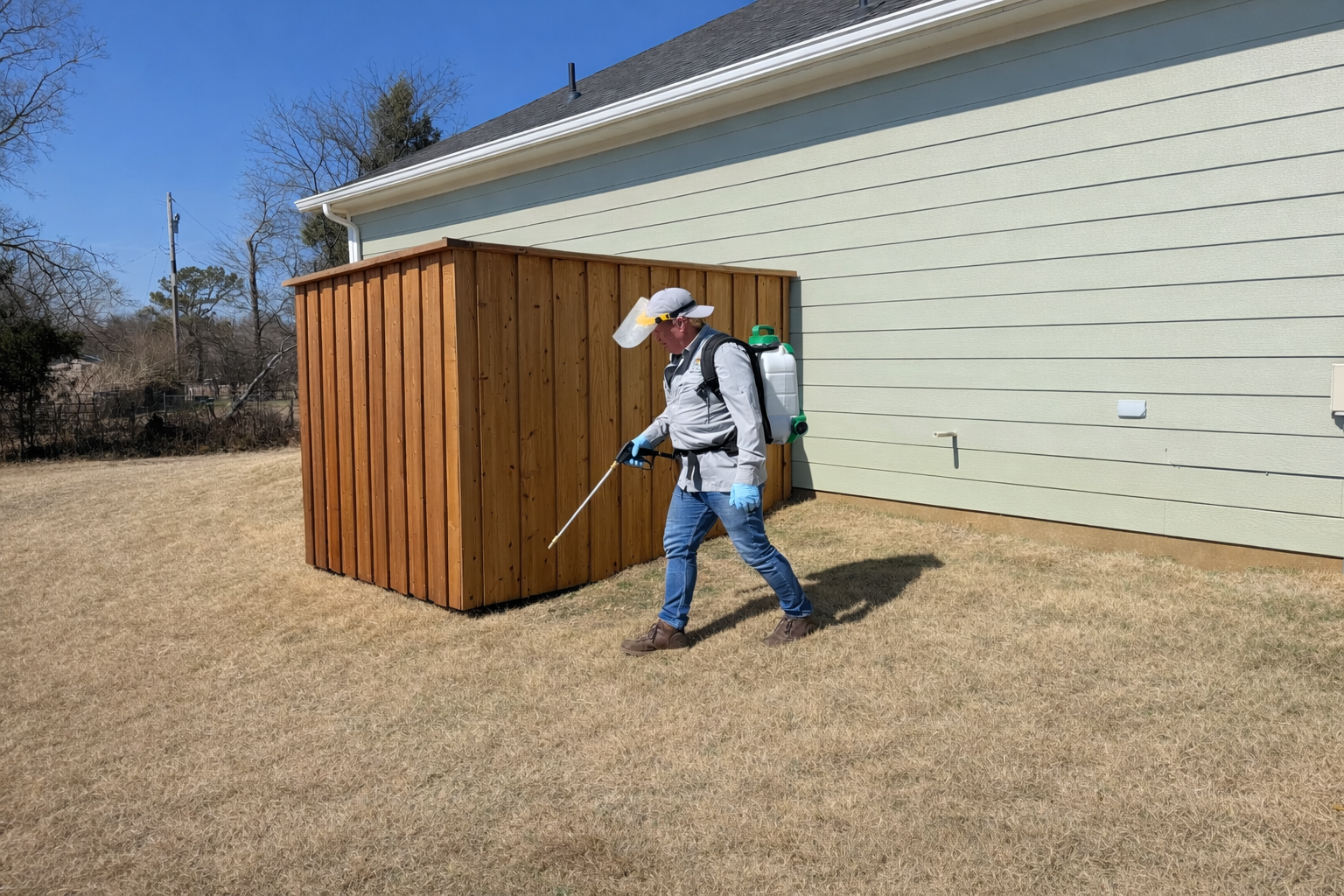 Person using a backpack sprayer beside a wooden shed near a house on a grassy lawn.