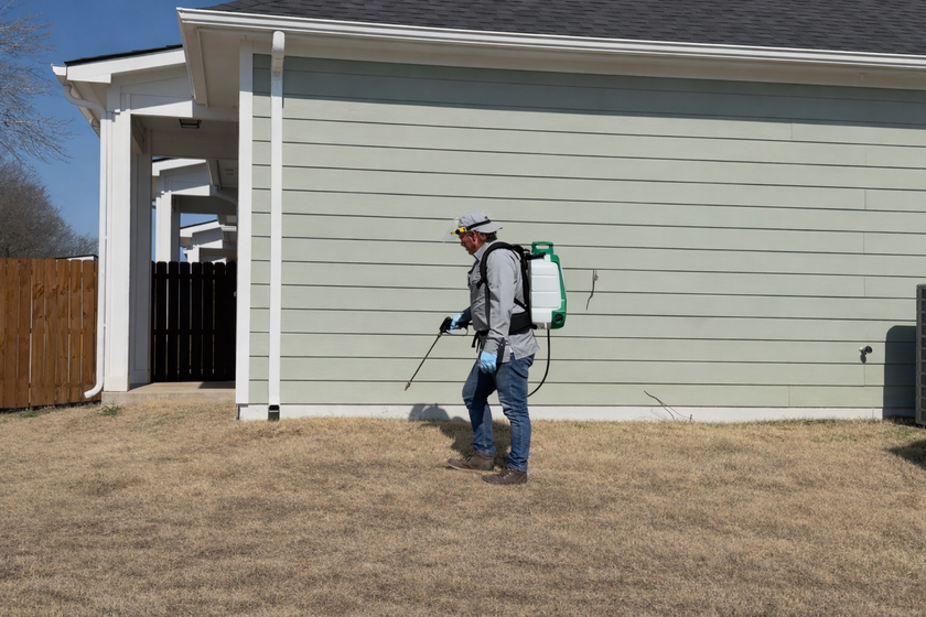 Worker in protective gear spraying the side of a house with a backpack sprayer.