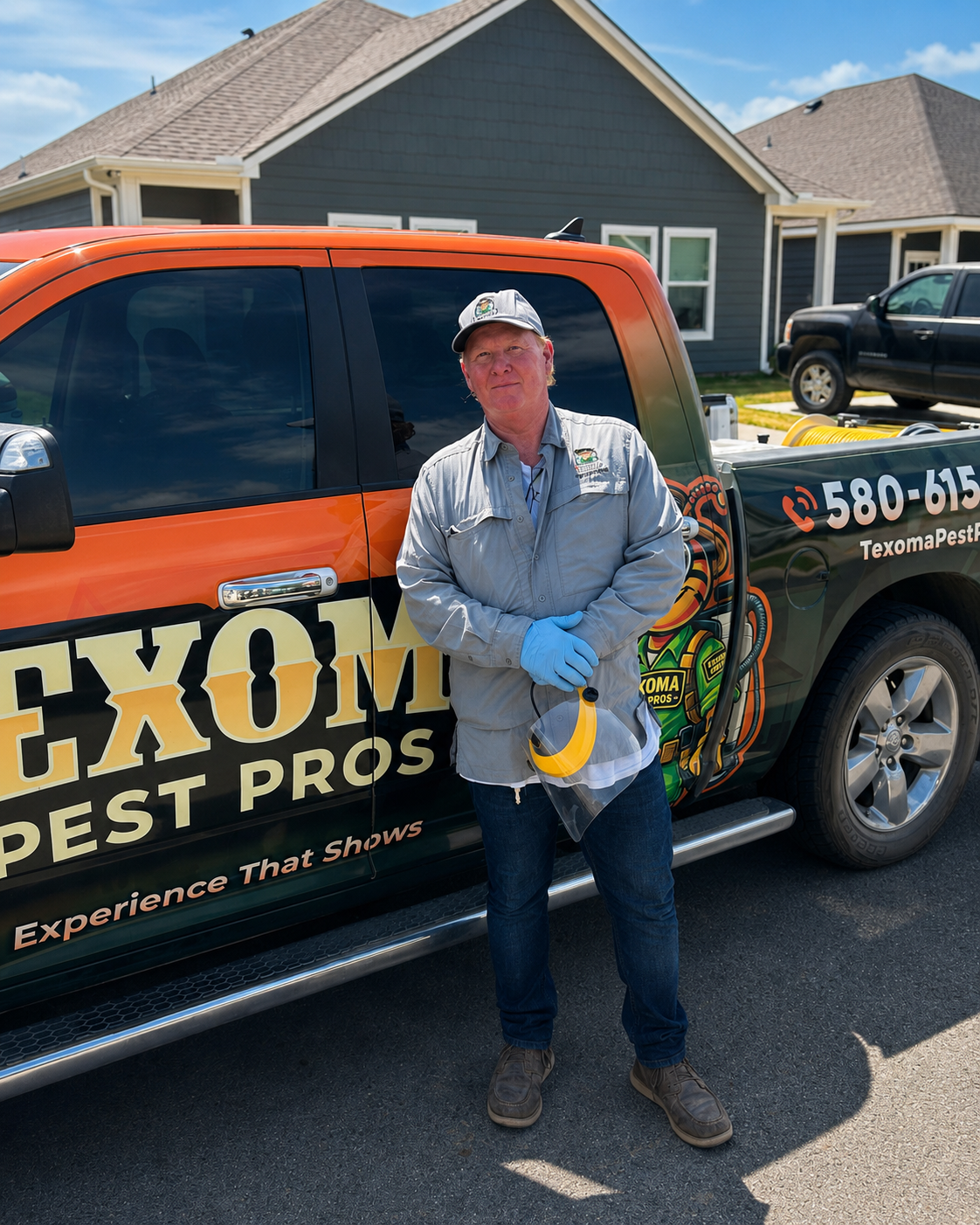 Man standing beside a black and orange ExoM Pest Pros truck in a suburban driveway.