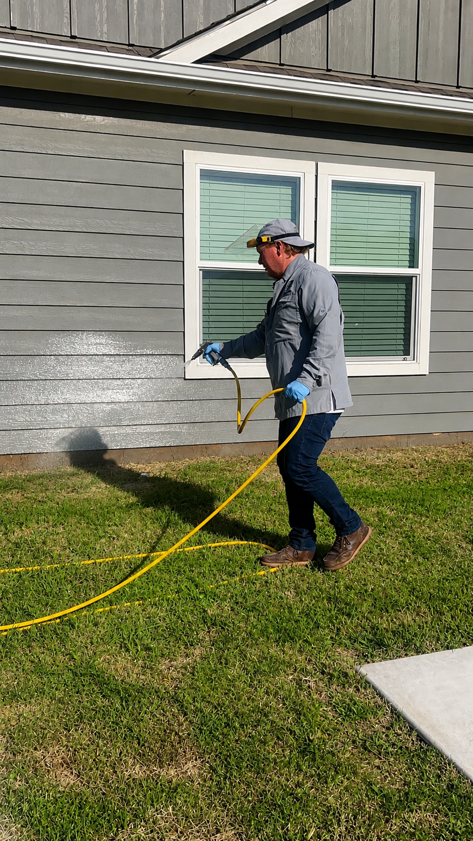 Man in blue jacket spraying the side of a house with a pressure washer on a lawn
