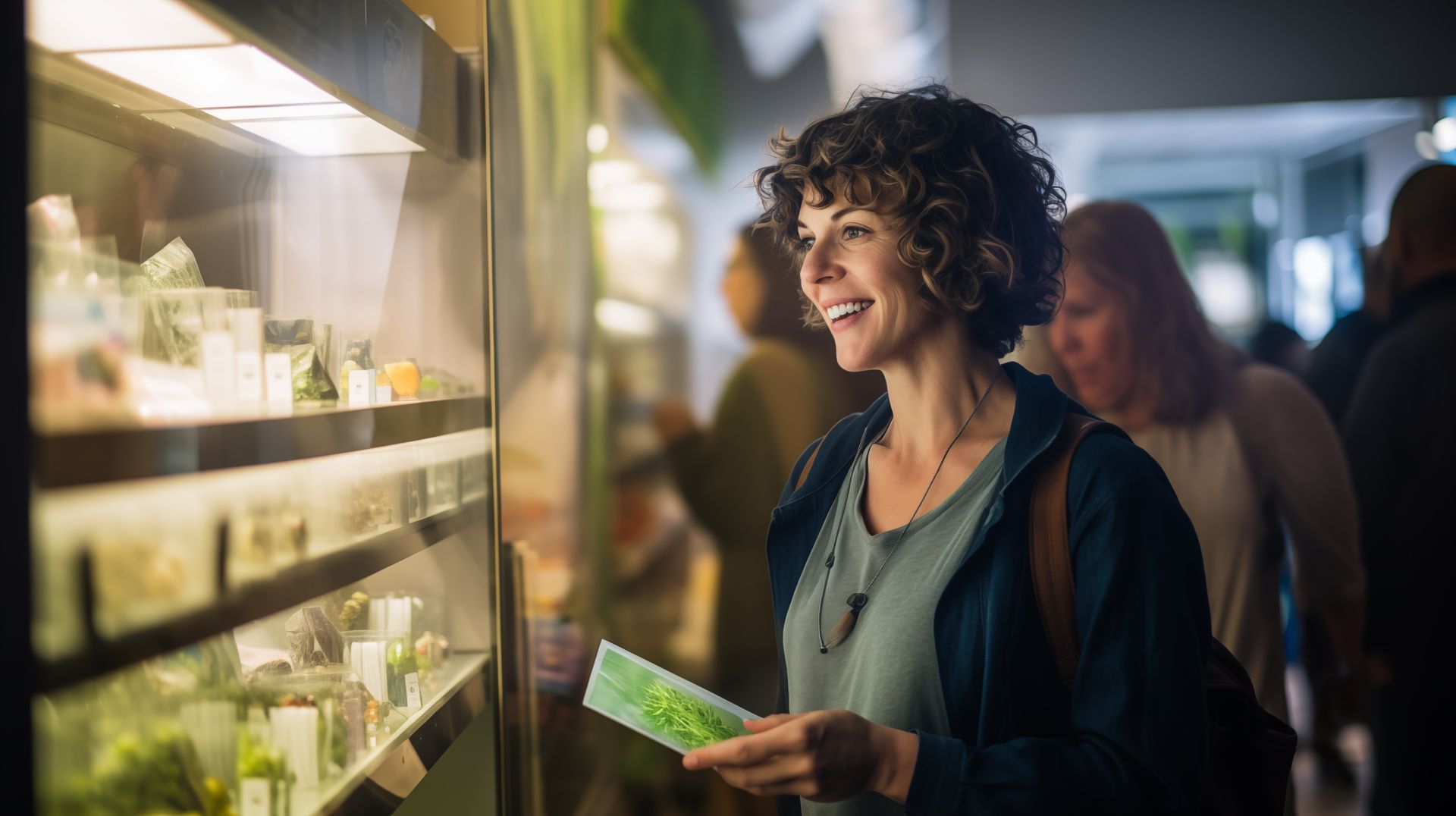 woman browsing products in a modern cannabis dispensary