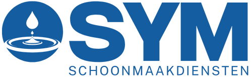Logo van SYM Schoonmaakdiensten. Met een blauwe waterdruppel en rimpelingen in een cirkel, gevolgd door blauwe tekst.