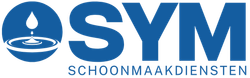 Logo van SYM Schoonmaakdiensten. Met een blauwe waterdruppel en rimpelingen in een cirkel, gevolgd door blauwe tekst.