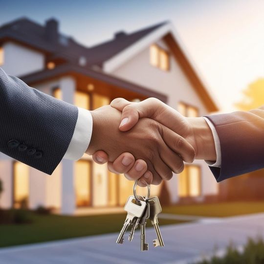 Two people shaking hands in front of a house, with keys in the grasp. A deal completed, real estate.