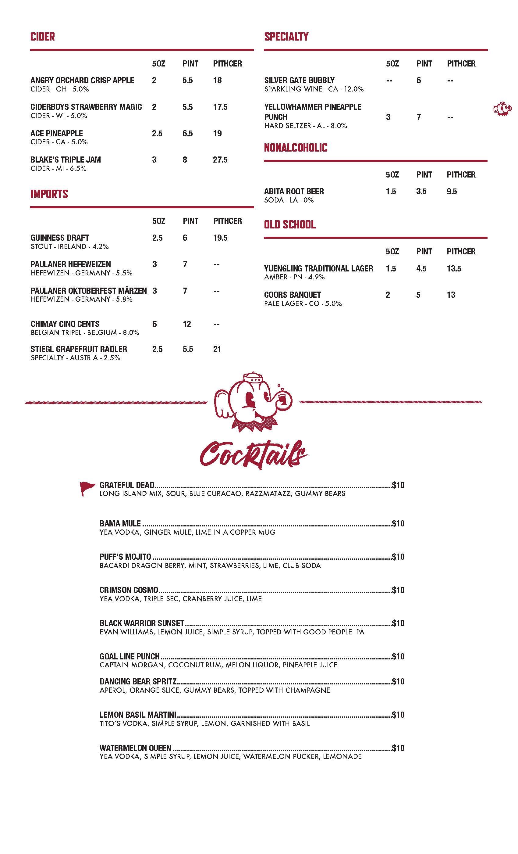 Menu with food and cocktail listings. Dark red headings on white background. Includes prices.