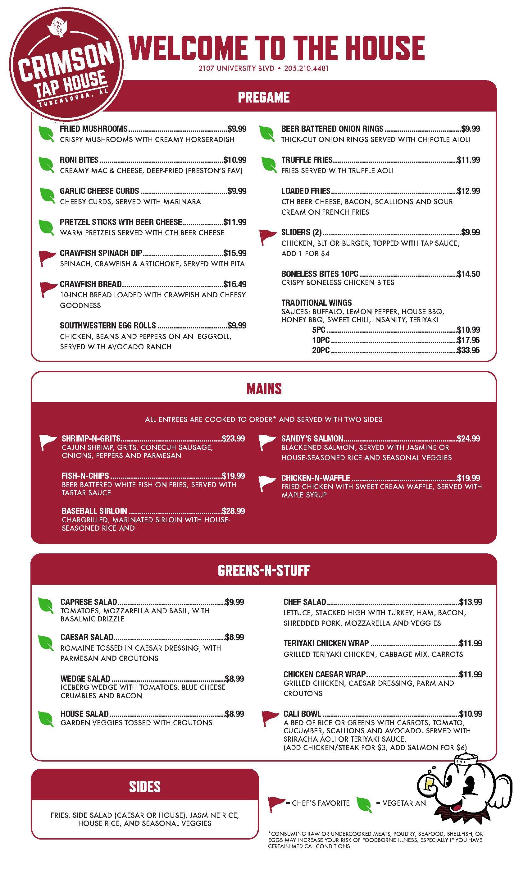 Menu from Crimson Stone, listing pizzas, drinks, and fresh stuff, with red and white color scheme.