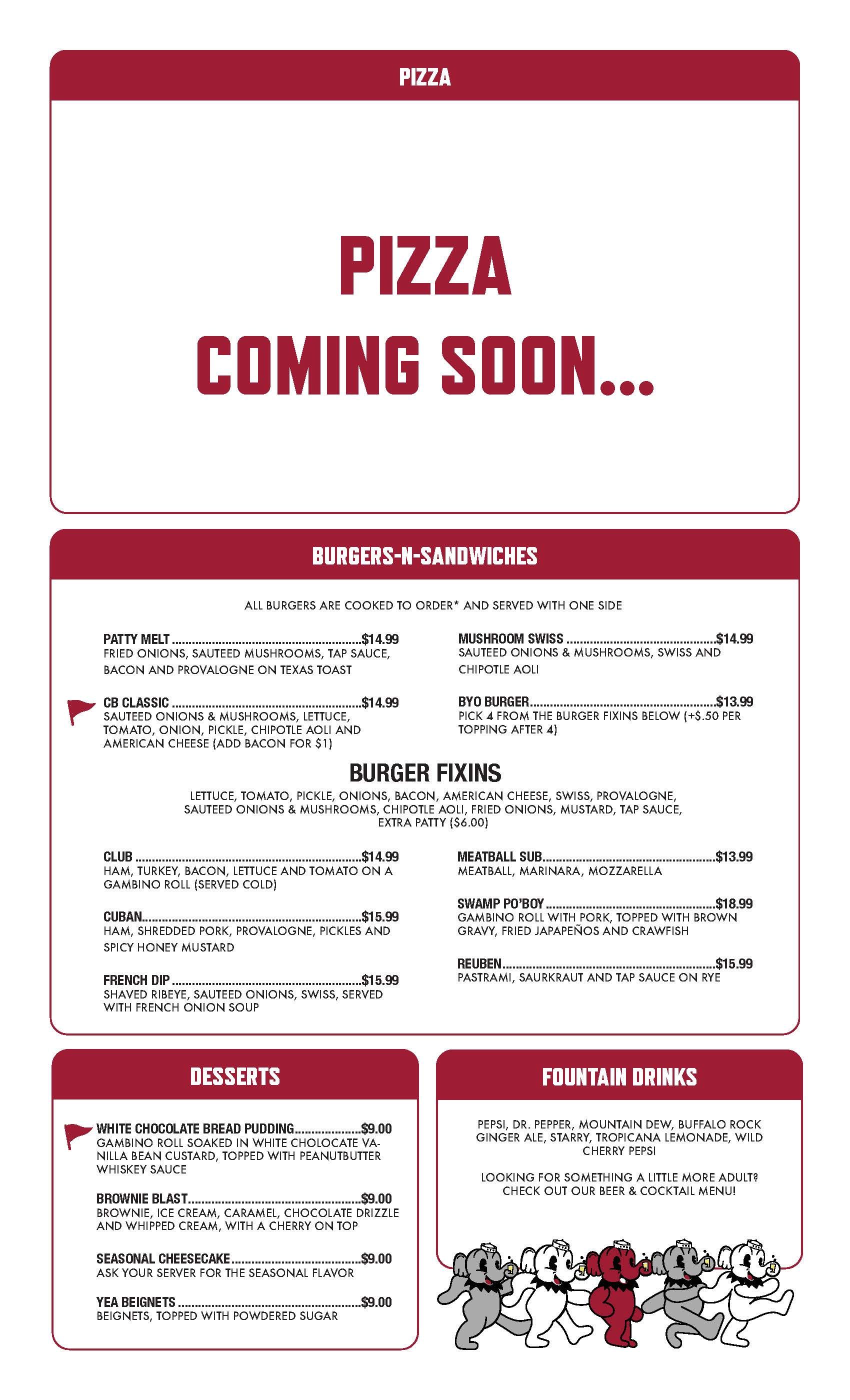 Menu with Pizza at the top. Below are Burger & Side Specials, Desserts, and Fountain Drinks options in red and white.