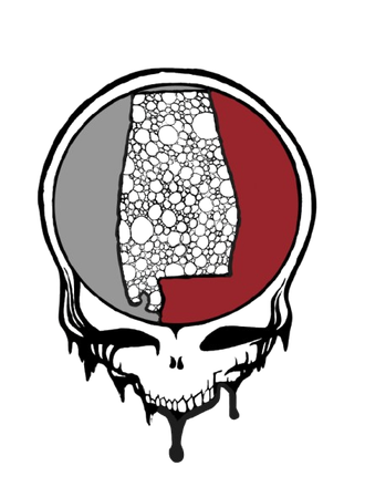 Steal Your Face logo with the state of Alabama and a bubble pattern in the state's outline. Gray and red colors are used.