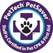 A pet tech petsaver badge indicating that the staff is certified in pet cpr and first aid