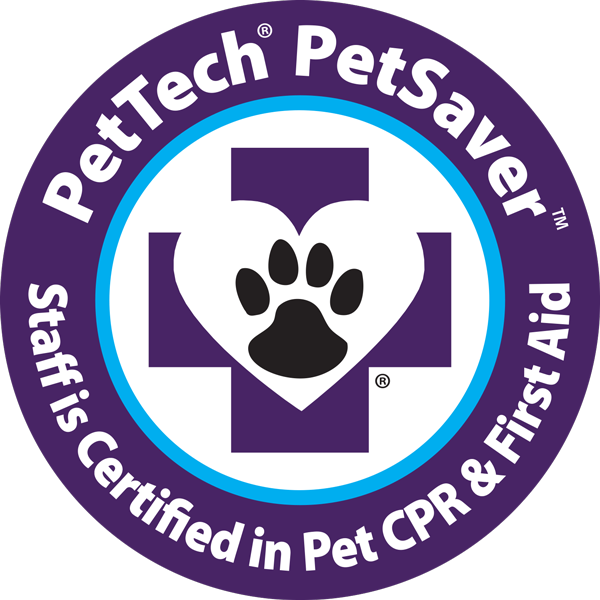 A pet tech petsaver badge indicating that the staff is certified in pet cpr and first aid