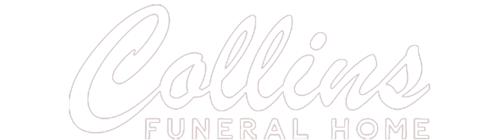 Collins Funeral Home logo. White cursive text on a transparent background.