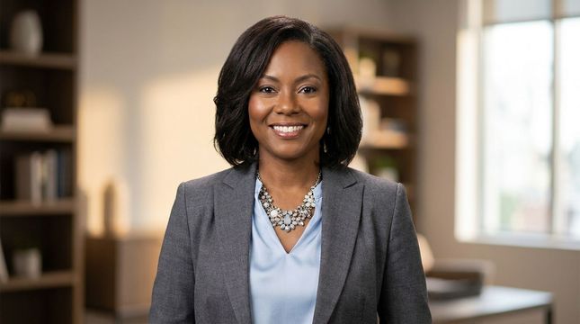 Smiling professional in gray blazer and blue blouse, standing in an office setting.
