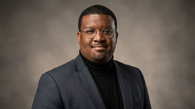 Portrait of a smiling man in a dark blazer and black turtleneck against a gray studio backdrop