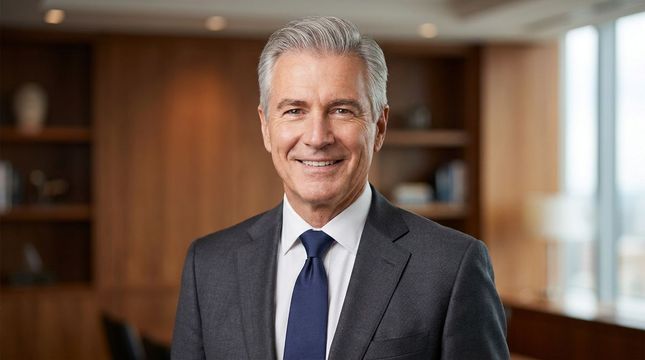 Professional headshot of a smiling man in a gray suit and tie, standing in an office setting.