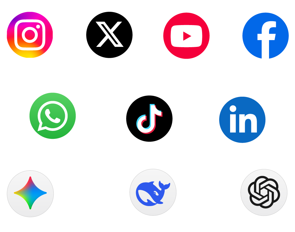 A grid of social media and AI app logos on a white background: Instagram, X, YouTube, Facebook, WhatsApp, TikTok, LinkedIn, Gemini, Claude, and ChatGPT.