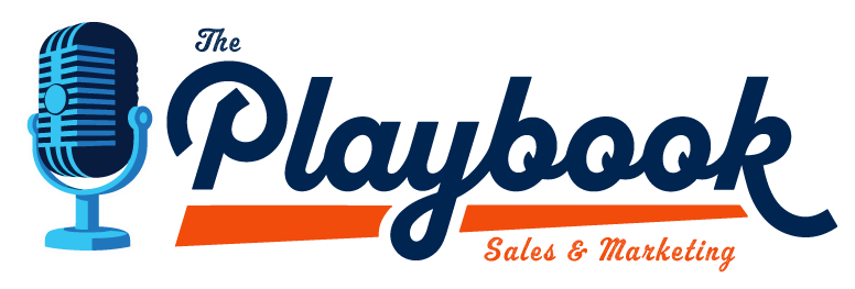 Blue microphone logo with “The Playbook” in navy script and “Sales & Marketing” in orange text
