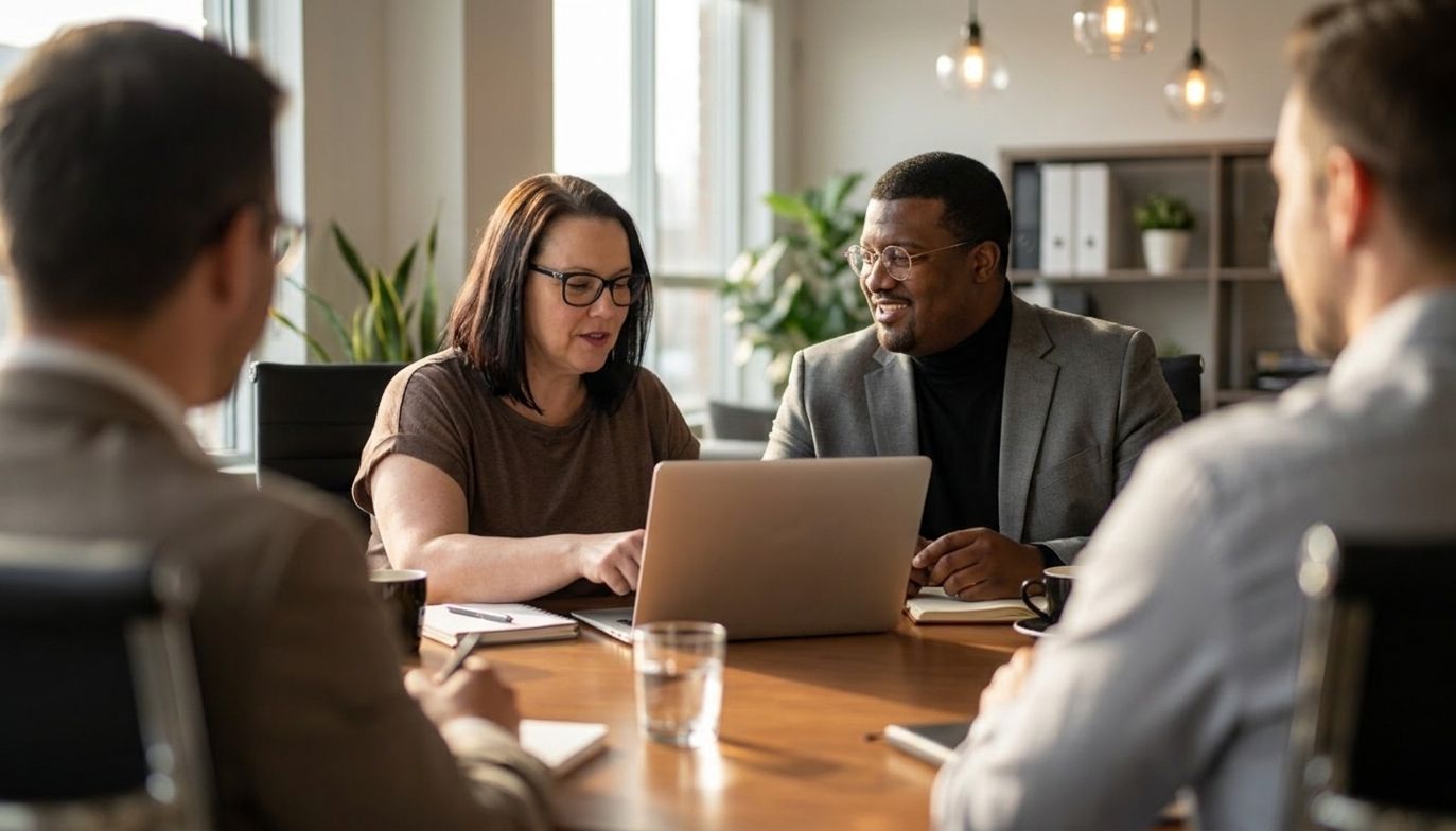 People in a meeting around a laptop in a modern office, discussing documents at a table.