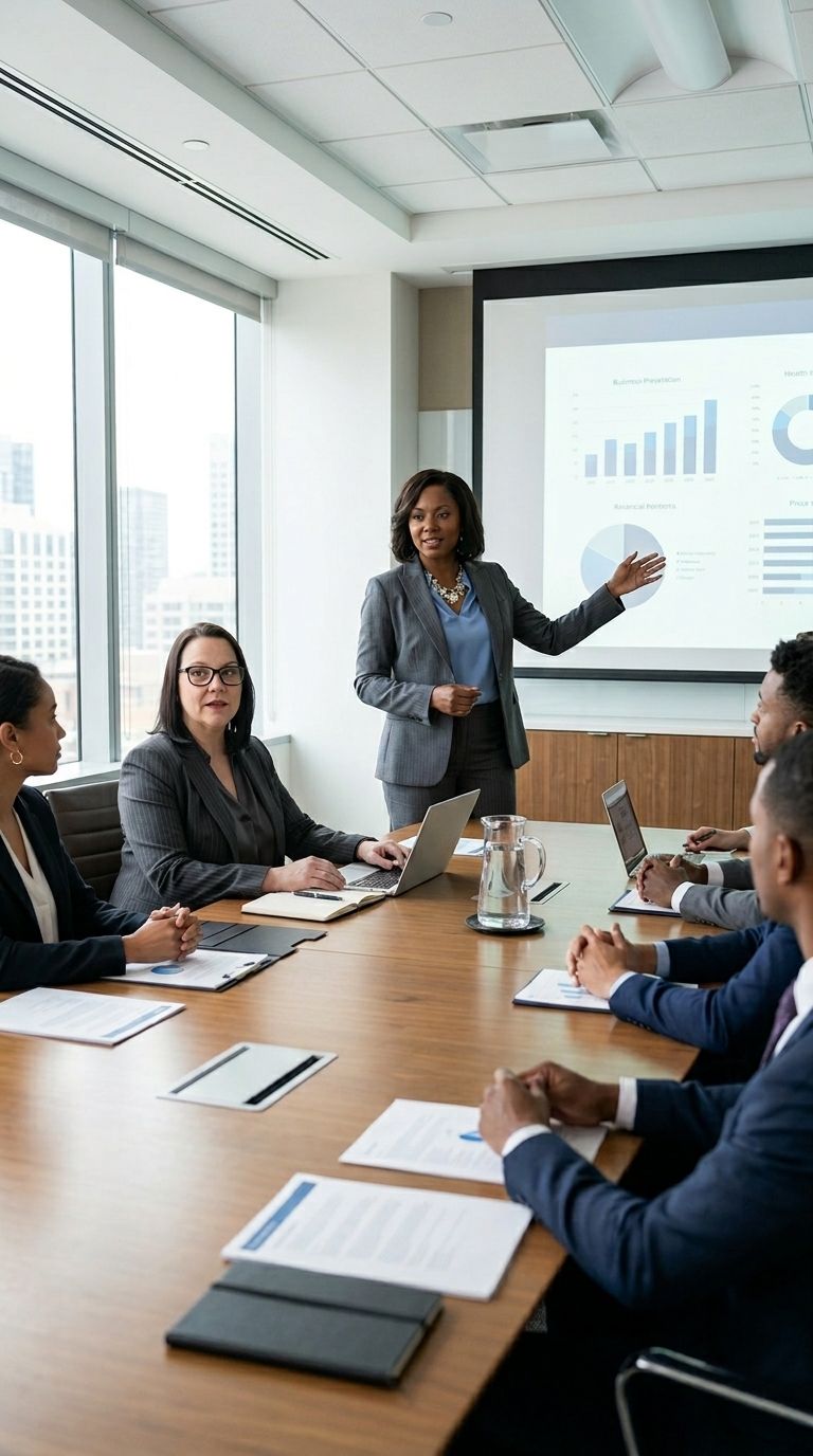 Business meeting in a bright conference room, with a presenter pointing at a chart on a screen.