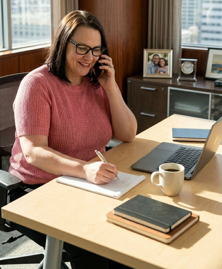 Woman smiling while working at a desk with a laptop, writing on paper and talking on the phone