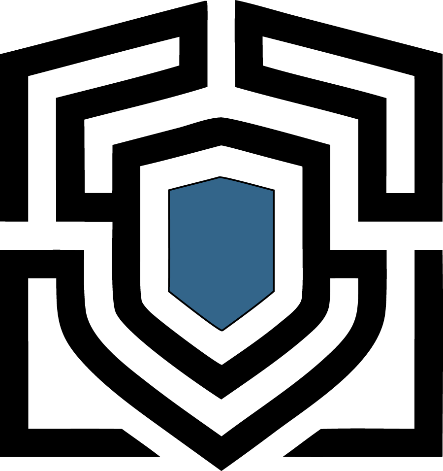 Black geometric shield emblem with a blue center on a white background