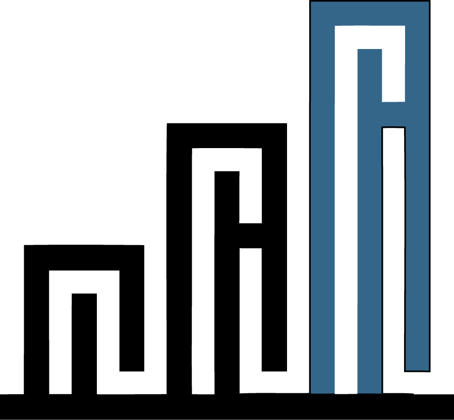 Three stylized vertical bar shapes in black and blue on a white background