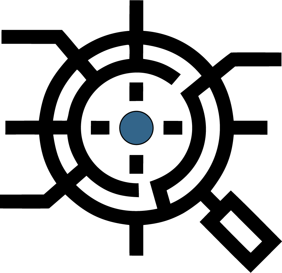 Black target icon with a blue center and a magnifying glass overlay