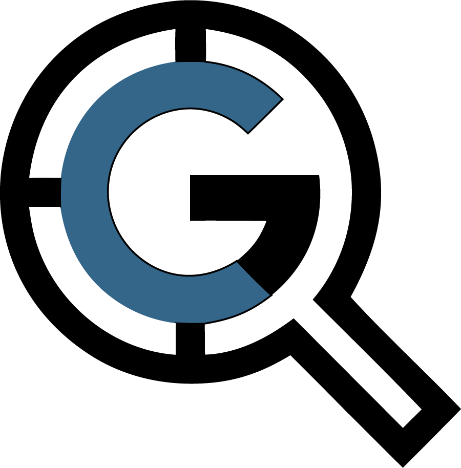 Blue and black magnifying glass over a stylized C logo