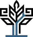 Black stylized plant or tree emblem with blue stem and geometric leaves on a white background