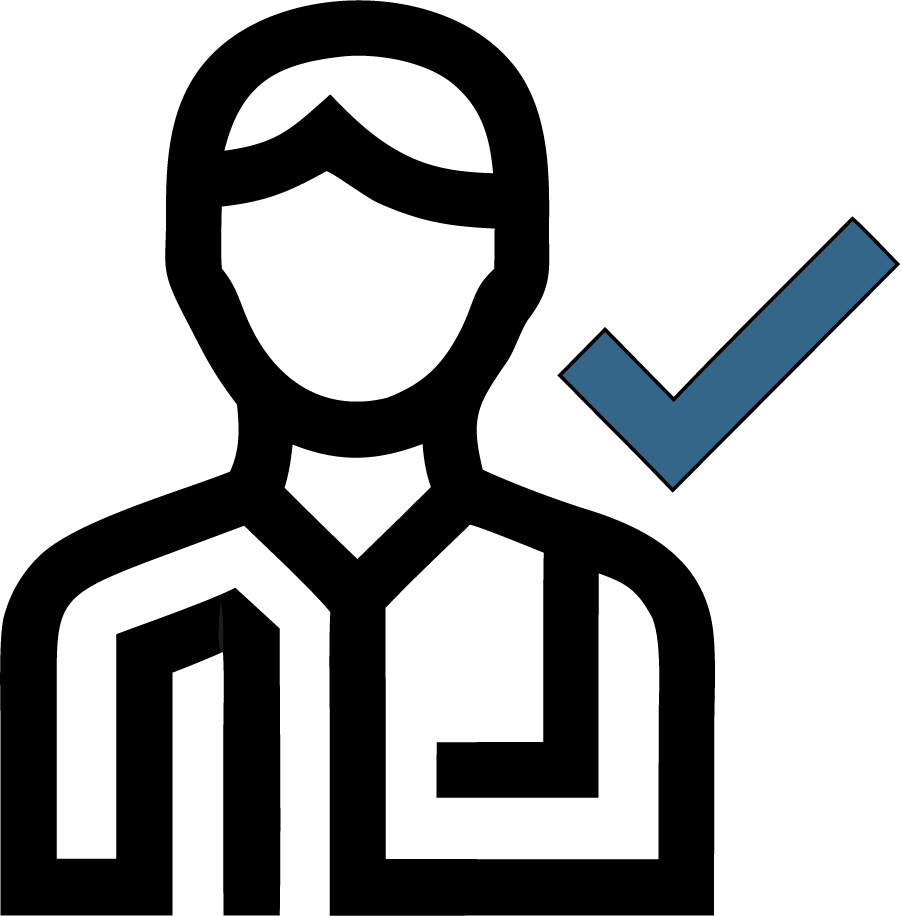 Black outlined person icon with a blue checkmark beside it