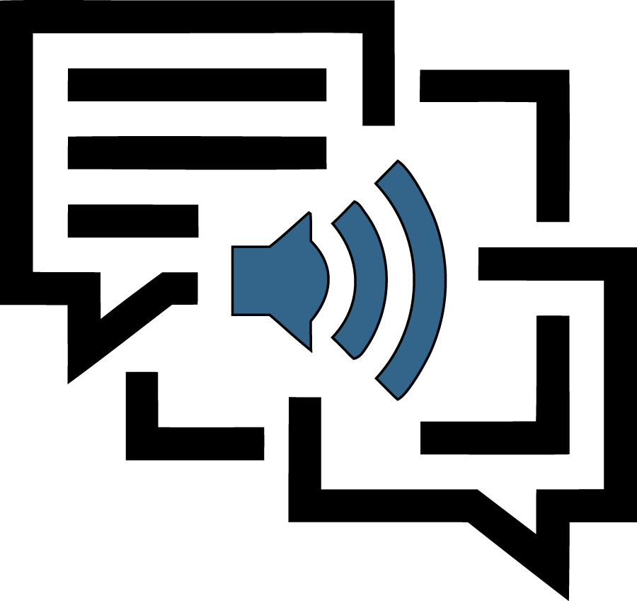 Blue speaker icon over two overlapping black chat bubbles on a white background