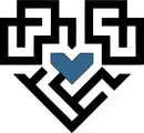Black geometric logo with a blue heart-like shape in the center