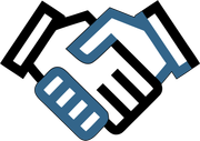 Stylized black, blue, and white handshake icon symbolizing partnership or agreement