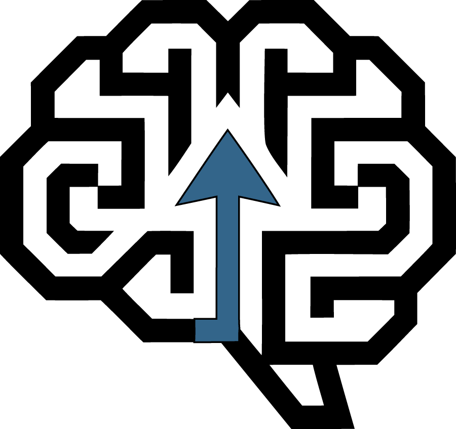 Black brain icon with a blue upward arrow at the center and a small black tail below