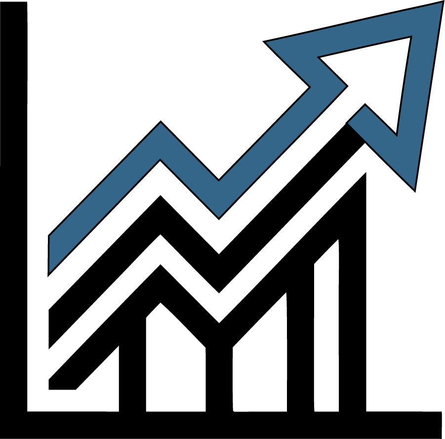 Black and blue upward arrow over a rising bar chart, symbolizing growth and success