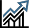 Blue upward arrow over black rising bar chart indicating growth or success